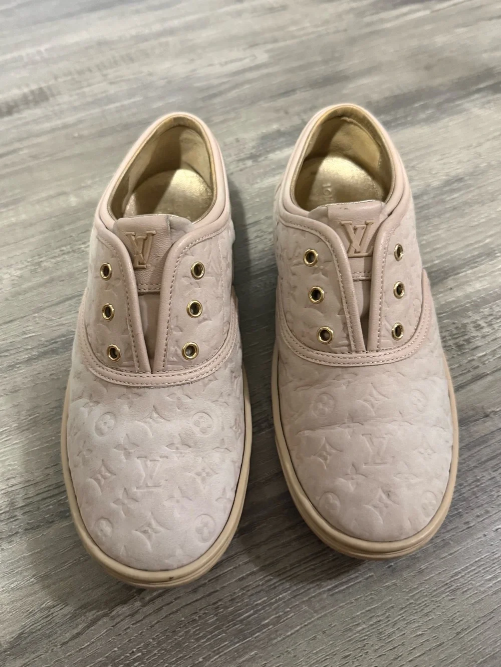 Louis Vuitton 0122 Kids Vintage Pink Leather Monogram Slip-On Sneakers
